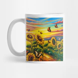 Sunflowers Field and Butterflies Oil Painting Mug